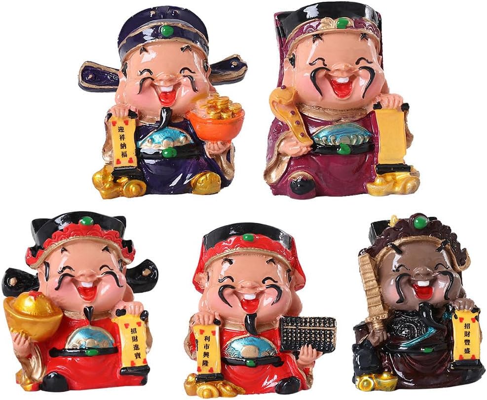 Garneck 5pcs Chinese New Year Party Decoration Resin God of Wealth Miniatures Figurine Small God of Fortune Statue Fengshui Miniature Decor for Office Home New Year Party Suppiles
