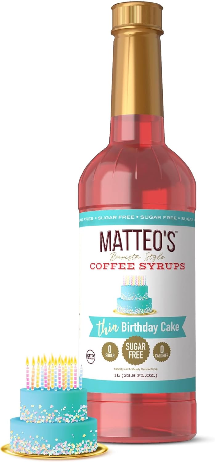 Matteo's Birthday Cake Syrup for Coffee, Lattes, Cappuccinos & Desserts – Sugar-Free Sweetener for Beverages, Keto Friendly, Zero Calories, Indulgent Flavor, Non-Alcoholic, 33.8oz (1pk)