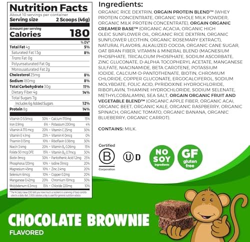 Orgain Kids Protein Powder Shake Mix, Chocolate Brownie - 8g Grass-Fed Dairy Protein, 4g Fiber, 23 Vitamins & Minerals, Gluten Free, No Soy Ingredients, Adds Healthy Nutrients to Kids Snacks, 1lb