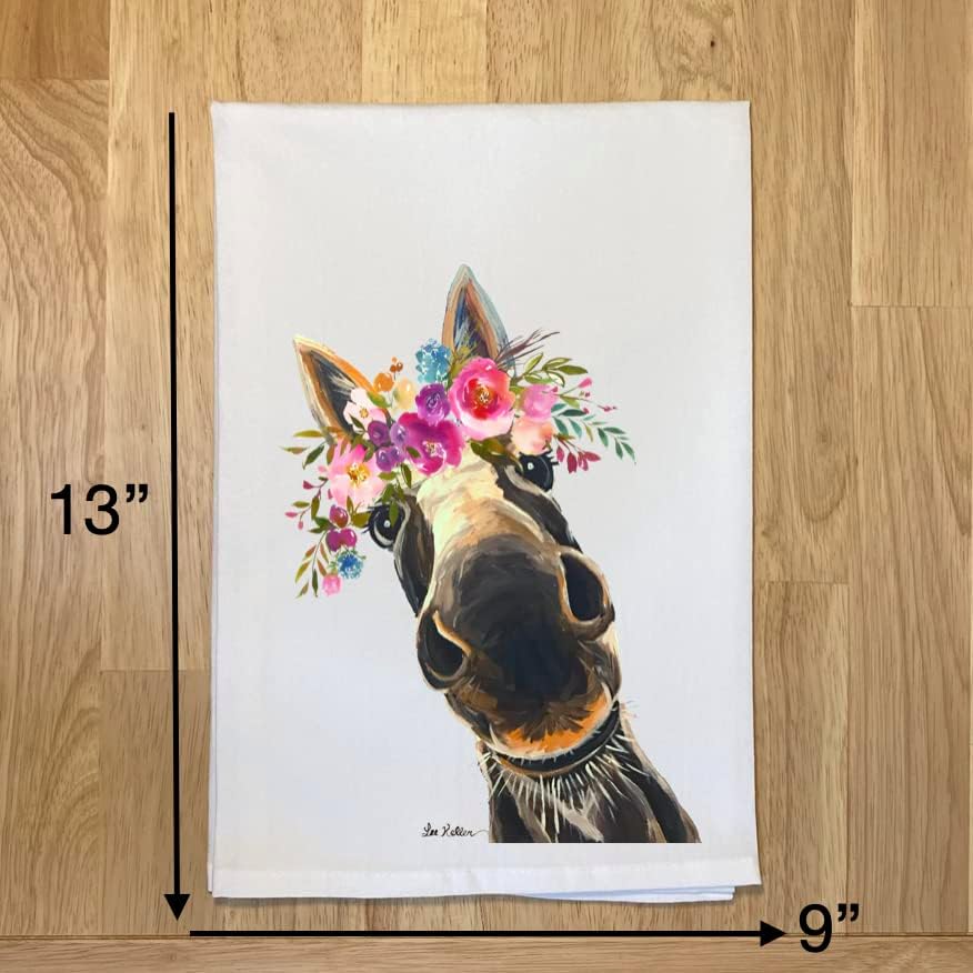 Donkey Tea Towel - Cute Flower Crown Donkey Flour Sack Towel - Donkey Kitchen Towel - Donkey Lover Gifts - Donkey gifts for mom - Handmade - Farmhouse Kitchen Decor - Hippie Hound Studios