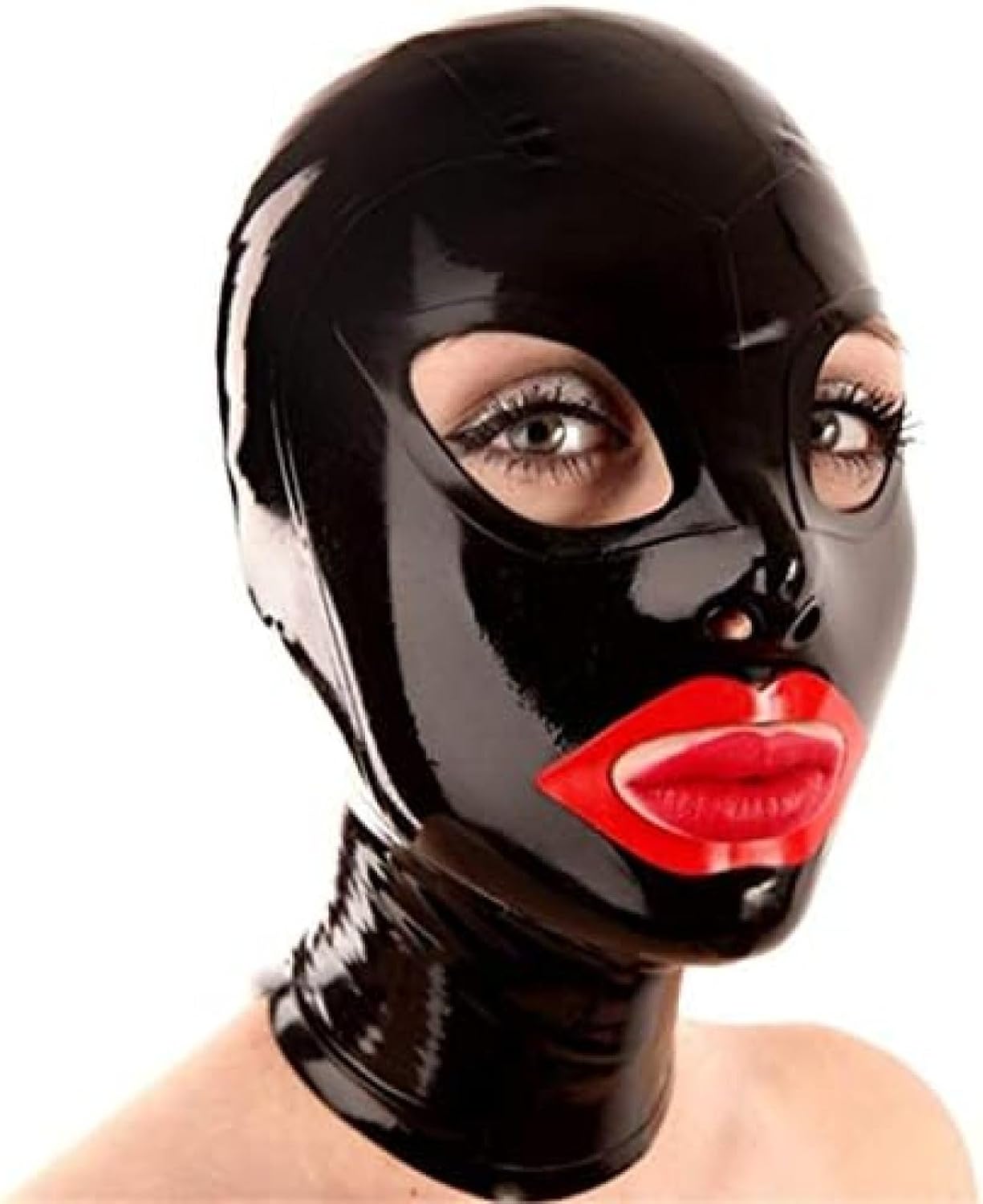 Black Latex Hood with Red Mouth Back Zipper Open Eyes Rubber Mask Club Party Wear,Customize Size