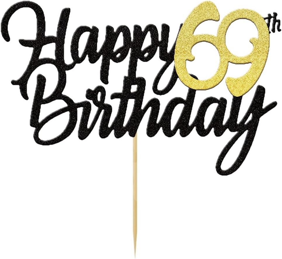 Happy 69th Birthday Cake Toppers Glitter 69th Anniversary Cake Topper 69 Years Loved Bday Decorations 69 Gold Birthday Cake Decorations Sixty-nine Party Supplies for Women Men(Black Gold)