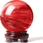 Red Crystal Ball Smelting Stone Sphere with Wood Stand Quartz Gemstone for Feng Shui Home Decoration,6cm