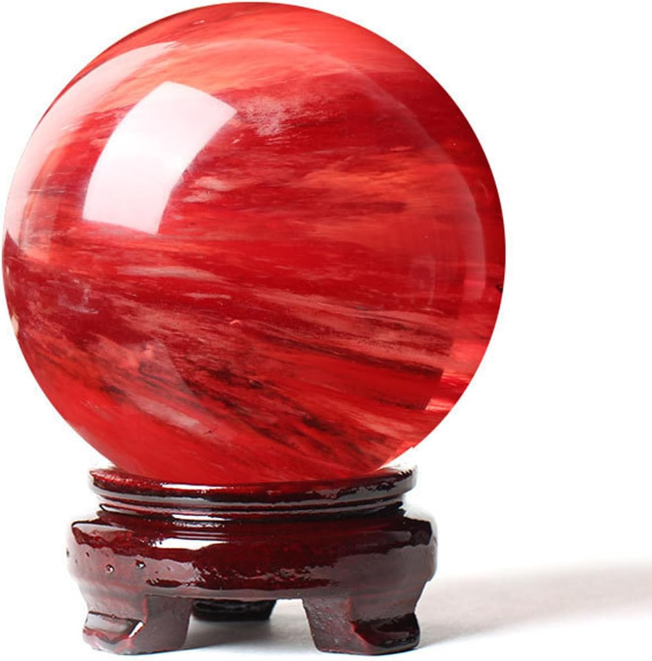 Red Crystal Ball Smelting Stone Sphere with Wood Stand Quartz Gemstone for Feng Shui Home Decoration,6cm