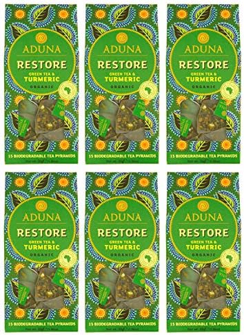 Aduna Organic Restore Green Super Tea | Natural Herbal Infusion With African Green Tea, Turmeric & Citrus | Superfood Tea for Digestive Health & Immunity | 15 Biodegradable Pyramid Bags x 6 Packs