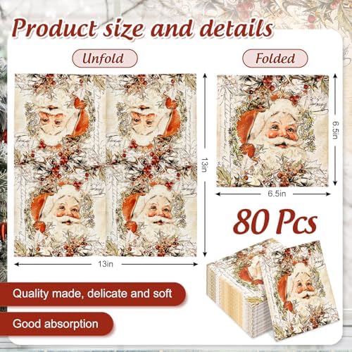 JarThenaAMCS 80Pcs Christmas Paper Napkin Vintage Santa Claus Disposable Luncheon Napkin Retro Dessert Dinner Hand Napkins for Winter Birthday Baby Shower