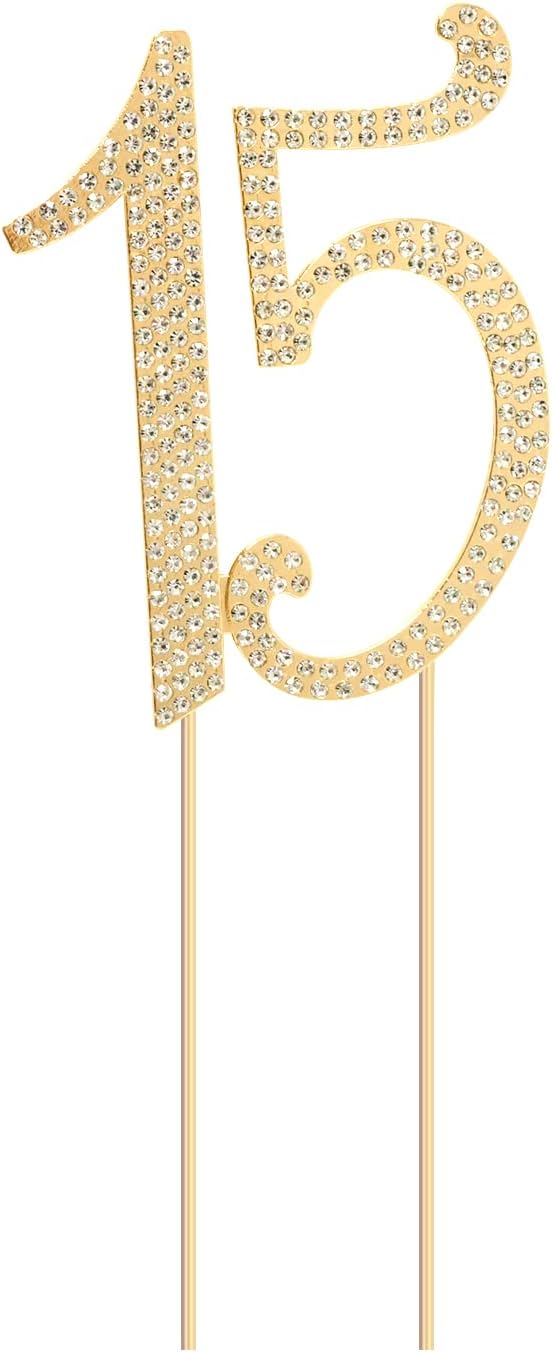 Honbay 15 Birthday Cake Topper Sparkly Bling Alloy Crystal Rhinestones Cake Topper Cake Decoration for 15th Birthday or Anniversary Party (Gold)
