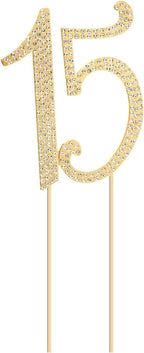 Honbay 15 Birthday Cake Topper Sparkly Bling Alloy Crystal Rhinestones Cake Topper Cake Decoration for 15th Birthday or Anniversary Party (Gold)