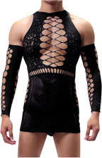 Men's Fishnet Bodysuit Sexy Cut Out One-Piece Stockings Lingerie Party Clubwear Sissy Leotard Jumpsuit Gay Costume