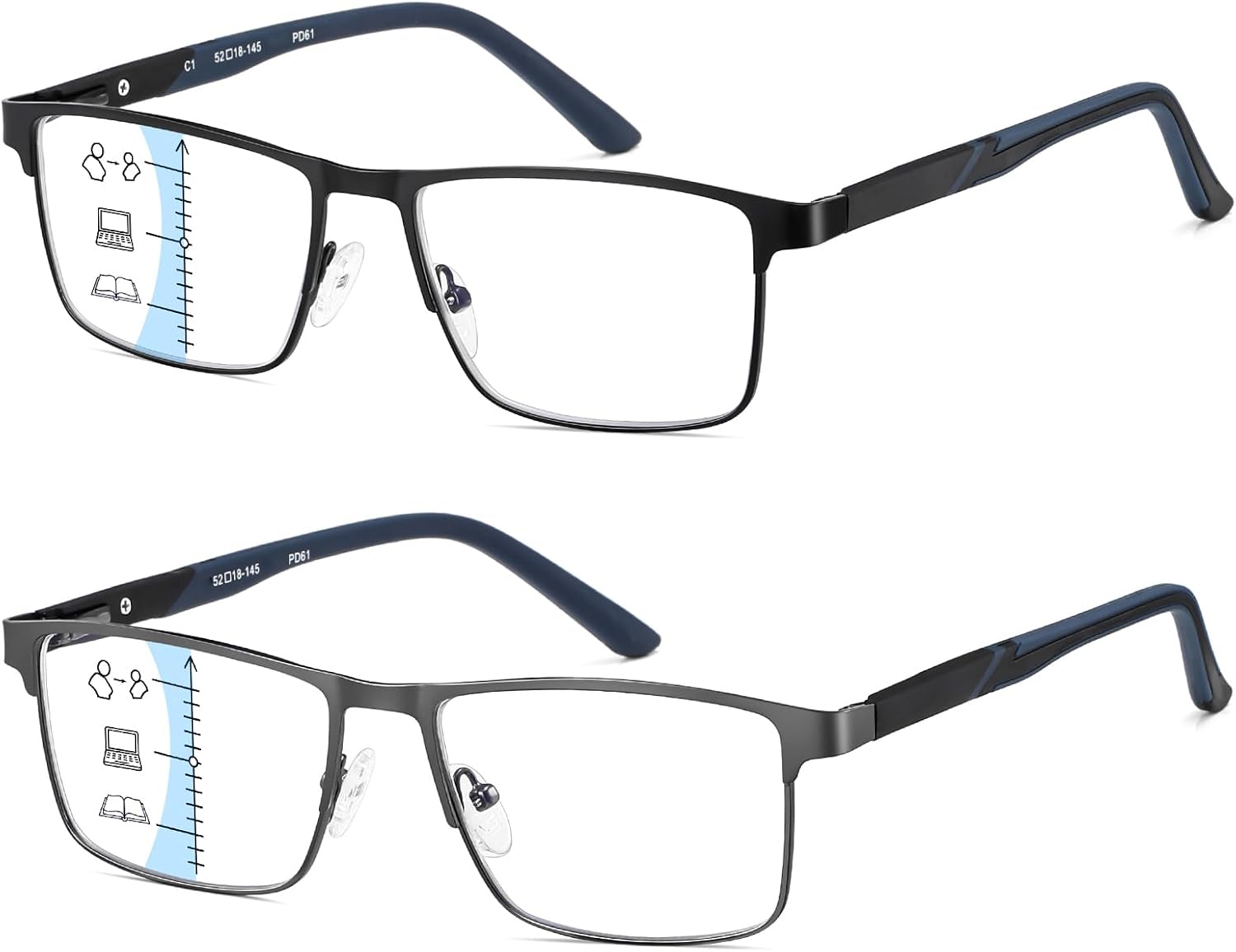 2-Pack Multifocus Progressive Reading Glasses Men Blue Light Multifocal Computer Readers No-Line Trifocal Near Range