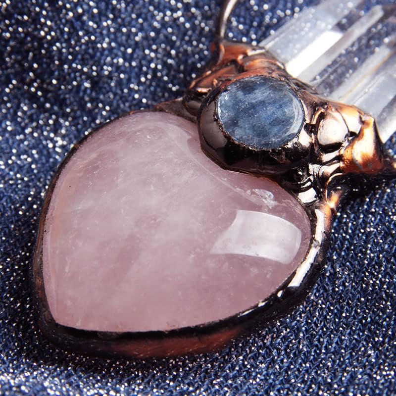 Acxico 1Pcs Natural Rose Quartz Crystal Heart Carved Pendant Clear Quartz Point Healing