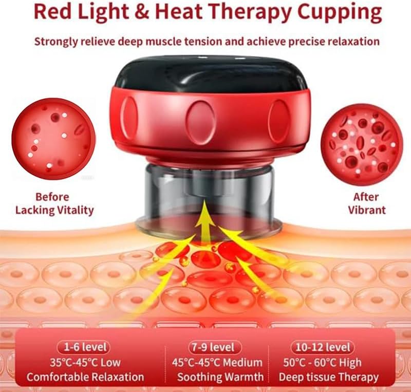 5-in-1 Smart Dynamic Cupping Therapy Massager Set, 12 Levels Heat & Suction Cupping Kit for Massage Therapy, Electric Cupping Device with Red Light Therapy for Back Pain, Knots, Muscle Soreness (Red)