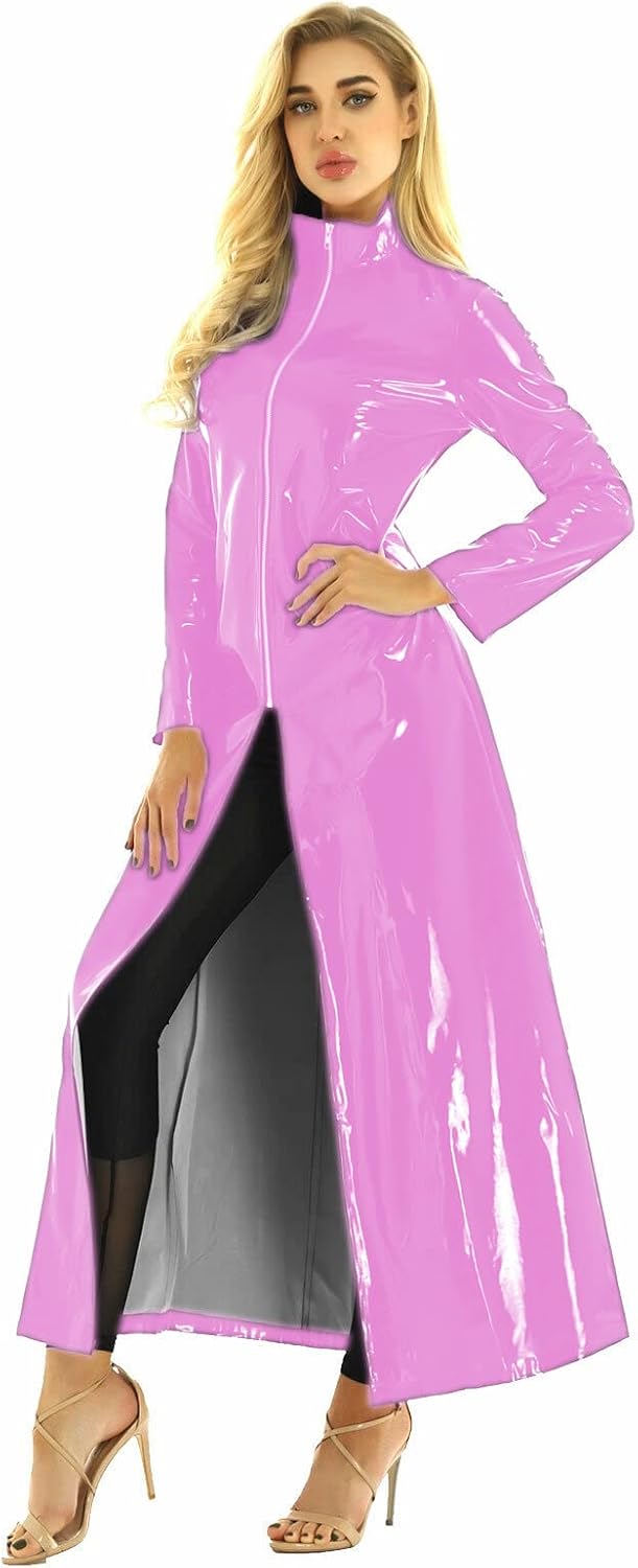 Unisex Men Women Wetlook PVC Leather Dress Long Sleeve Coat Clubwear Female Nightclub Rave Party Pole Dance Performance Costumes (2X-Large,Pink,XX-Large)