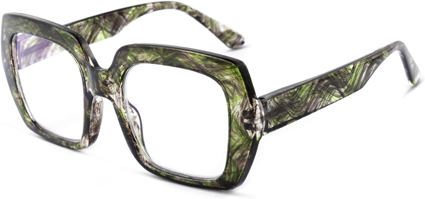 Square Oversized Reading Glasses Blue Light Blocking for Women Men, Stylish Readers with Spring Hinge,Seaweed Green, 1.5
