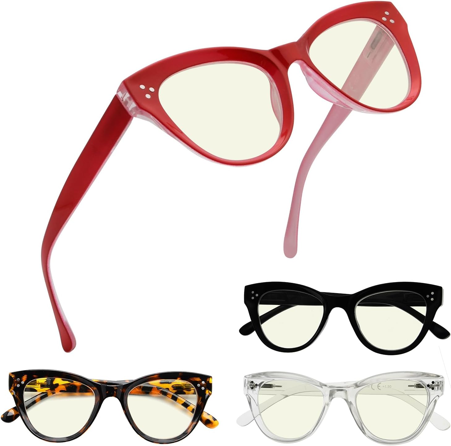 Eyekepper 4 Pack Oversized Blue Light Filter Glasses Women Cat Eye Computer Reading Glasses +1.50