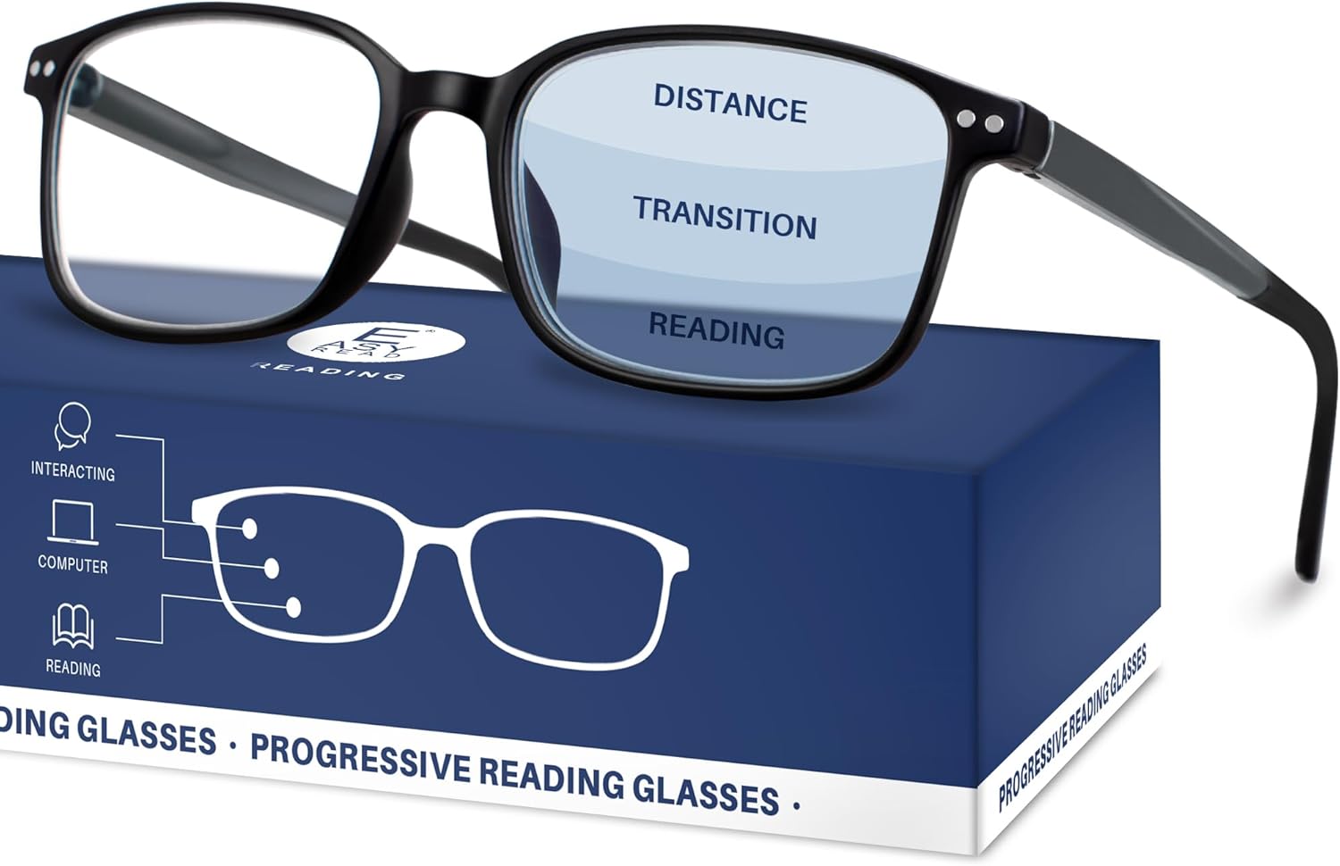 EASY READ TR90 Progressive Multifocal Reading Glasses for Men,Rectangular Blue Light Blocking Readers with Spring Hinge