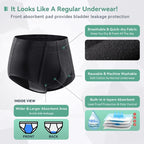 Incontinence Underwear for Men 2 Pack Washable Mens Incontinence Briefs with Front Absorbent Area Leak Proof Underwear for Men Reusable Urinary Incontinence Underwear (Black, 2XL)