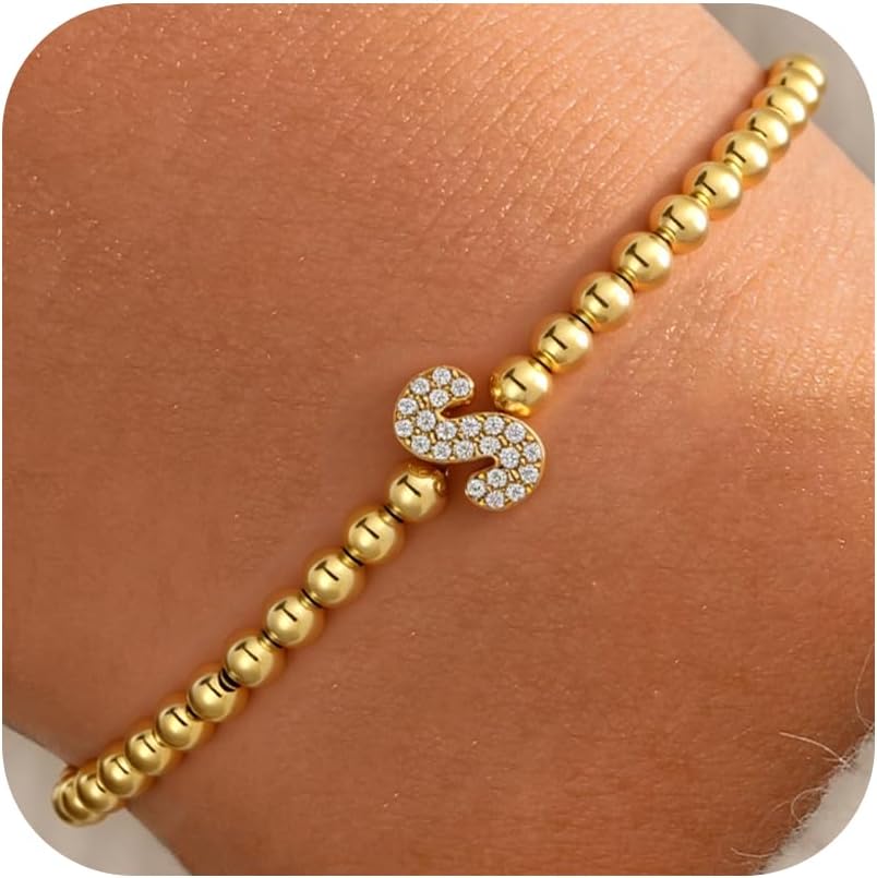 Zircon Initial Bracelet for Women - Never-Fade Personalized Jewelry, Dainty 14K Gold Plated Beaded Bracelets for Women Trendy Letter A-Z Personalized Jewelry Gifts