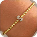 Zircon Initial Bracelet for Women - Never-Fade Personalized Jewelry, Dainty 14K Gold Plated Beaded Bracelets for Women Trendy Letter A-Z Personalized Jewelry Gifts