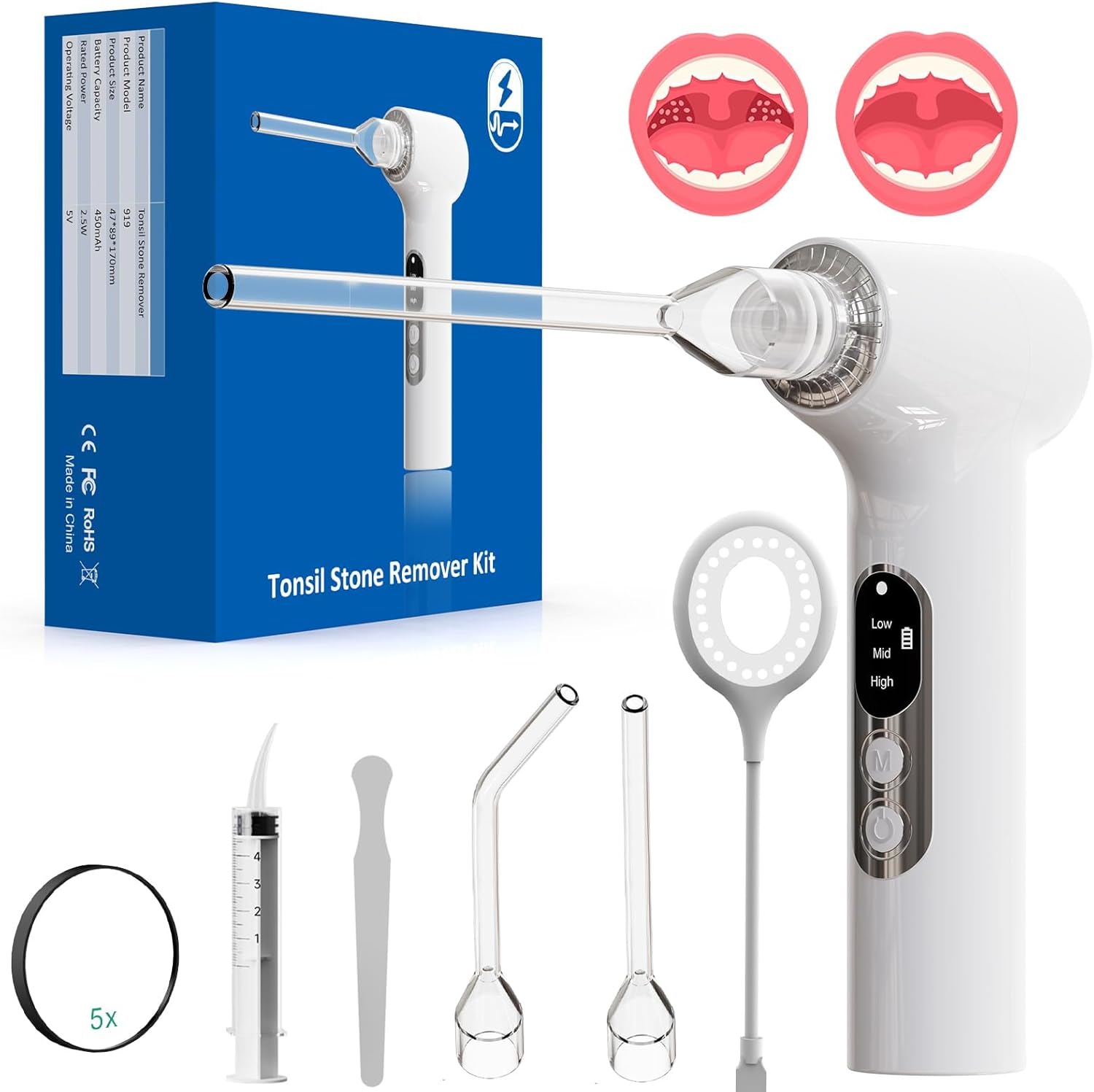 Upgraded Electronic Tonsil Stone Remover，6 in 1 Tonsil Stone Removal Kit，Tonsil Stone Vacuum with Built-in Blue Light，Easy to Use, Fight Bad Breath, Instant Suction