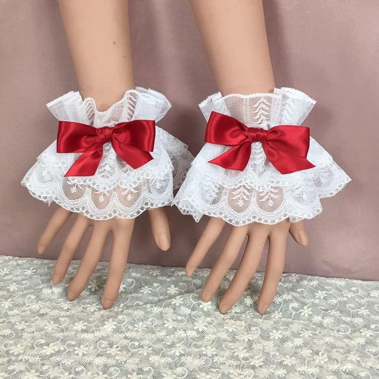 Cute Lolita Lace Hand Sleeve Wrist Cuffs Ruffled Floral Lace Elastic Bowknot Bracelet Wedding Cosplay Party Jewelry Accessories for Women Men