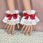 Cute Lolita Lace Hand Sleeve Wrist Cuffs Ruffled Floral Lace Elastic Bowknot Bracelet Wedding Cosplay Party Jewelry Accessories for Women Men