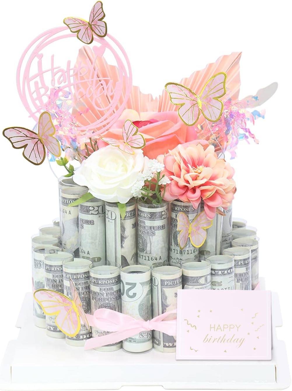 DTESL Gifting Cash Gift Boxes,Happy Birthday Day Money Gift Box,Money Flower Cake Fake Cake Gift Box，DIY Surprise Birthday Gift Box，for Birthday/Valentine's Day Unique Surprise Gift (Pink-two tier)