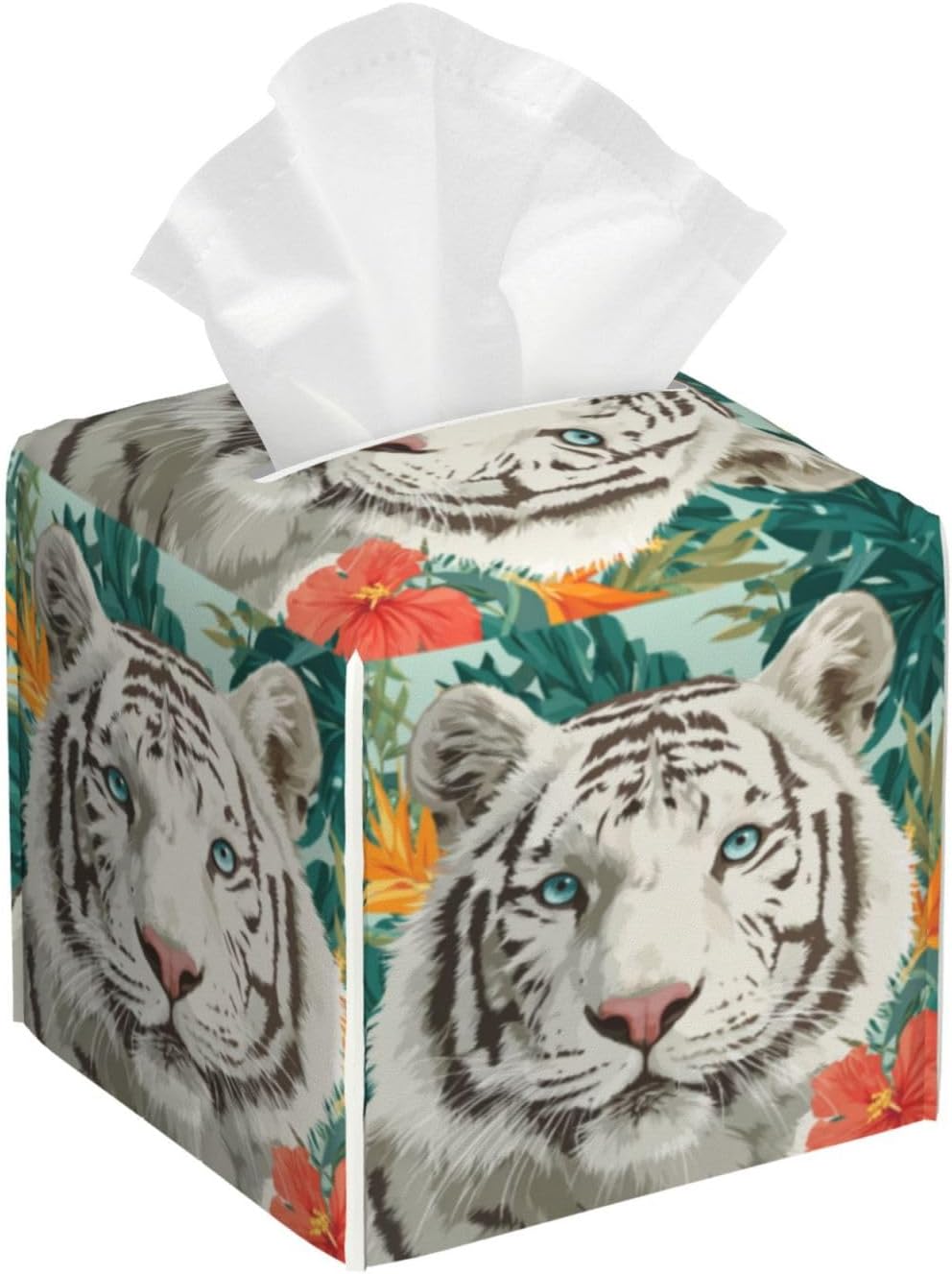 Majestic White Tiger Tissue Box Cover Square, Waterproof Leather Tissue Box Holder Portable Dispenser Modern Home Decoration for Bathroom Car Nightstand Vanity