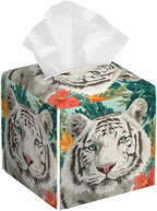 Majestic White Tiger Tissue Box Cover Square, Waterproof Leather Tissue Box Holder Portable Dispenser Modern Home Decoration for Bathroom Car Nightstand Vanity