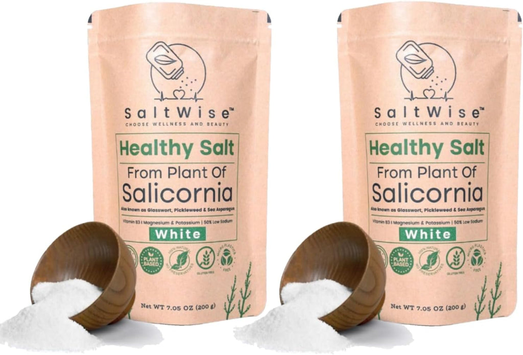 SaltWise Salicornia White Salt – Low Sodium Salt Substitute, Plant-Based Mineral Salt, Kosher, 100% Natural, No Additives (7.05 Ounce (Pack of 2))