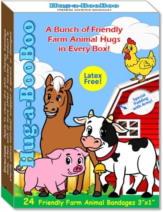 Farm Friends Hugging Farm Animal Adhesive Bandages from Hug-a-BooBoo, The Amazing Bandages that Hug! Super Fun Hugging Cow, Horse, Pig and Chicken! 24 Ct Box