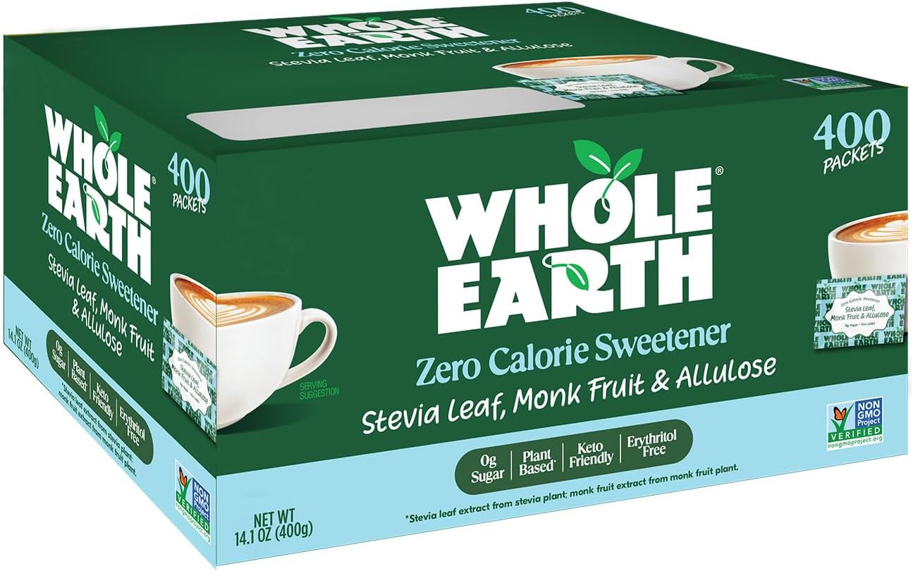 Whole Earth Zero Calorie Stevia, Monk Fruit & Allulose Sweetener Packets, Zero Calorie Sugar Substitute, Keto-Friendly, Non-GMO, No Erythritol, Erythritol-Free, Pouch, 400 Count