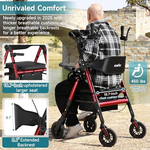 Upright Walkers for Seniors, 450 lb Heavy Duty Stand Up Rollator Walker with Adjustable Soft Sponge Armsupport & Seat, Tall Standing Folding Rolling Walker with 8'' Wheel, Red