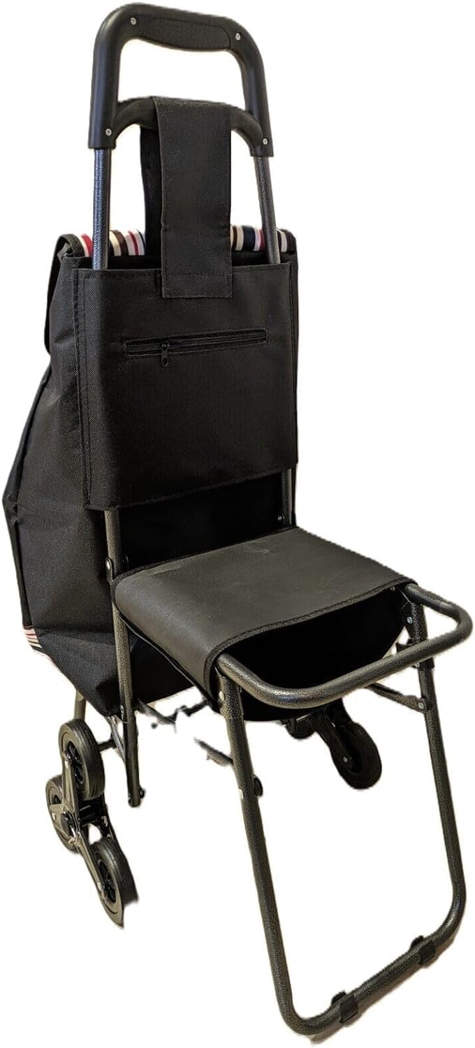 6 Wheel Shopping Trolley Folding Black Tri Wheel Stair Climbing or Curb with seat 96 x 43 x 27cm Canvas Waterproof Bag