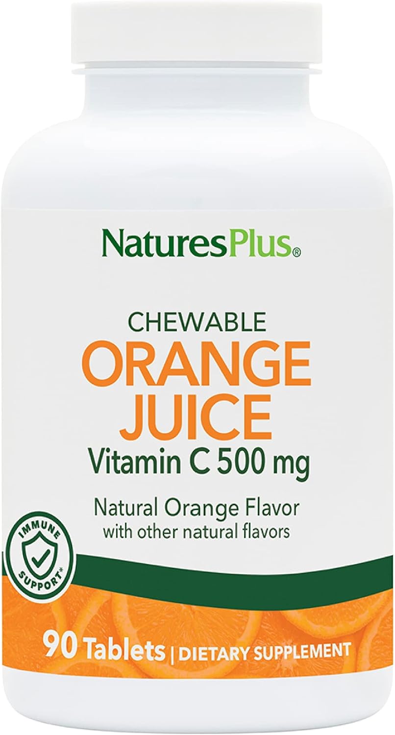 NaturesPlus Orange Juice Chewable Vitamin C - 500 mg, 90 Tablets - High Potency Immune & Vascular Health Support Supplement, Antioxidant - Gentle On Stomach - Vegetarian, Gluten-Free - 90 Servings