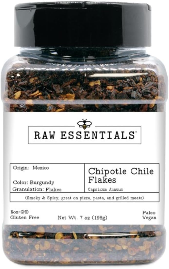 Raw Essentials Chipotle Chile Flakes - Smoky and Spicy - Great on Pizza, Pasta, & Grilled Meats - Non-GMO, Paleo, Vegan, & Gluten Free - 7 Ounce Bottle