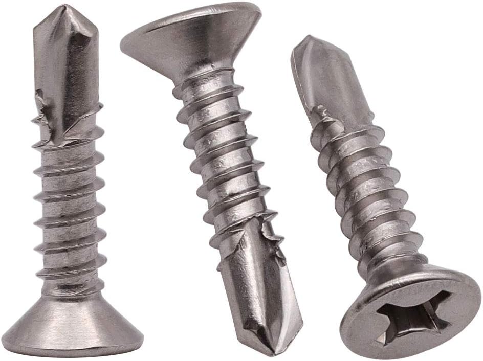 #10 x 3/4" Phillips Flat Head Sheet Metal Screws, Stainless Steel 410 Self Drilling Screws for Metal, Countersunk Head, Phillips Drive, Self Tapping, 100 Pack
