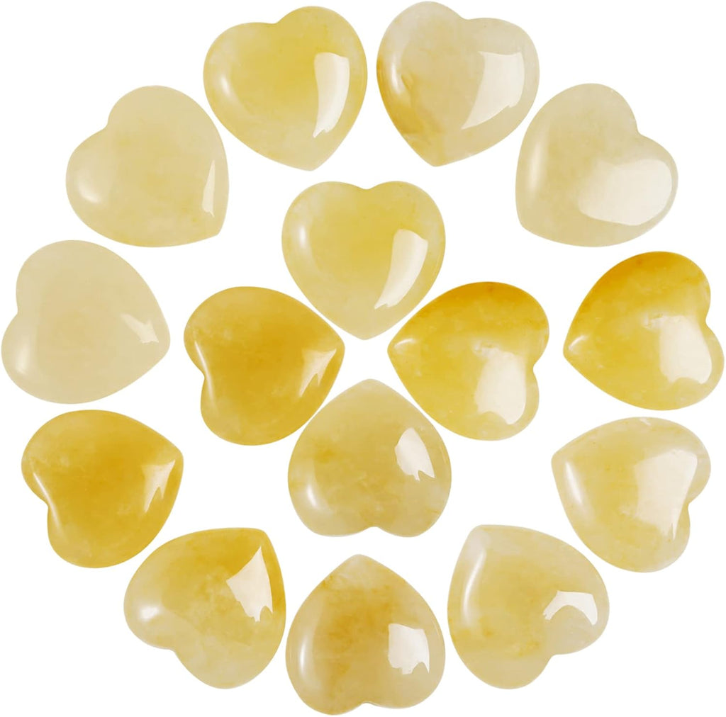 Marrywindix 15 Packs 0.8 Inch Healing Crystal Natural Yellow Jade Heart Love Carved Palm Worry Stone Chakra Reiki Balancing