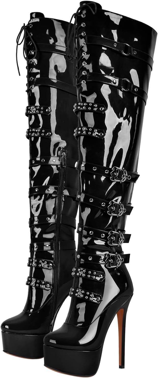 richealnini Women's Platform Thigh High Boots with Zippers and Rivets Lace Up Buckle Heels Over Knee High Boots