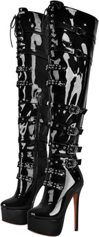 richealnini Women's Platform Thigh High Boots with Zippers and Rivets Lace Up Buckle Heels Over Knee High Boots
