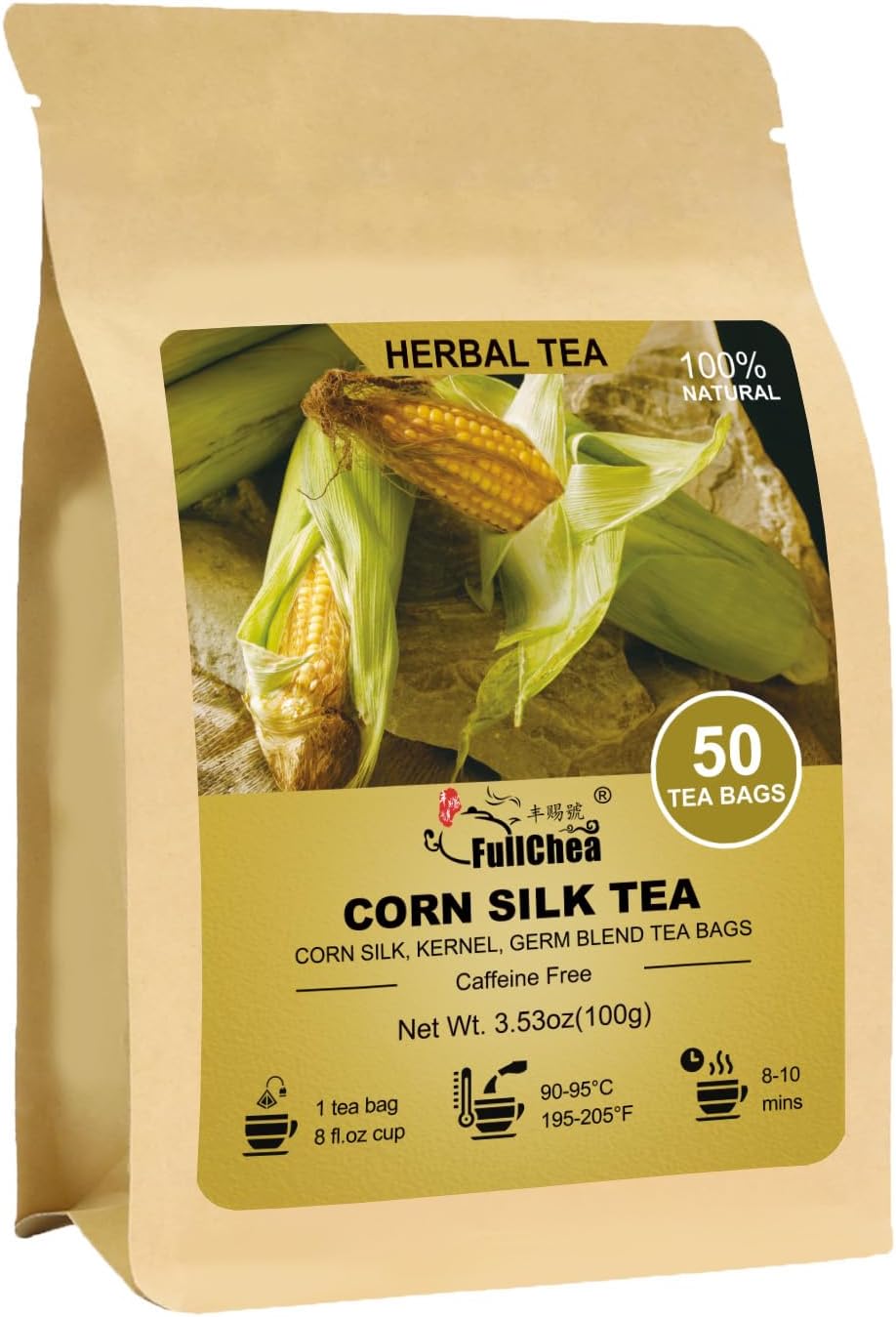 Fullchea - Corn Silk Tea Bags, 50 Counts - Subtly Sweet Flavor & Corn Aroma - Non-GMO - Caffeine-Free - Support Kidney & Aid Digestion