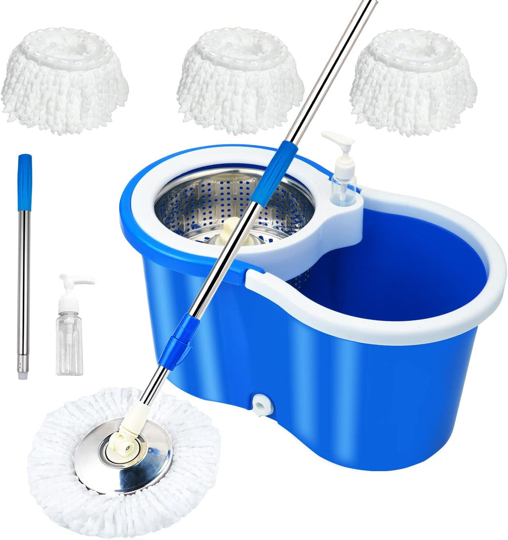 Spin Mop Bucket 360° with Wringer Set, Stainless Steel Mop System, 3 Absorbent Microfiber Mop Head Eefills, for Household Kitchen Floor Cleaning