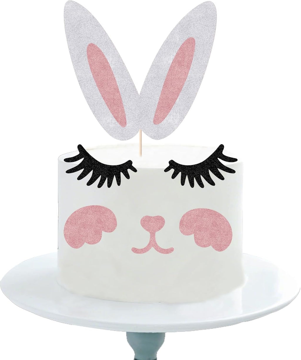 6 PCS Easter Bunny Ears Cake Topper Decorations with Eyelashes Nose Ear, Cupcake Topper for Boy Girl Baby Shower Cake Decoration, Happy Easter Spring Themed Party Supplies