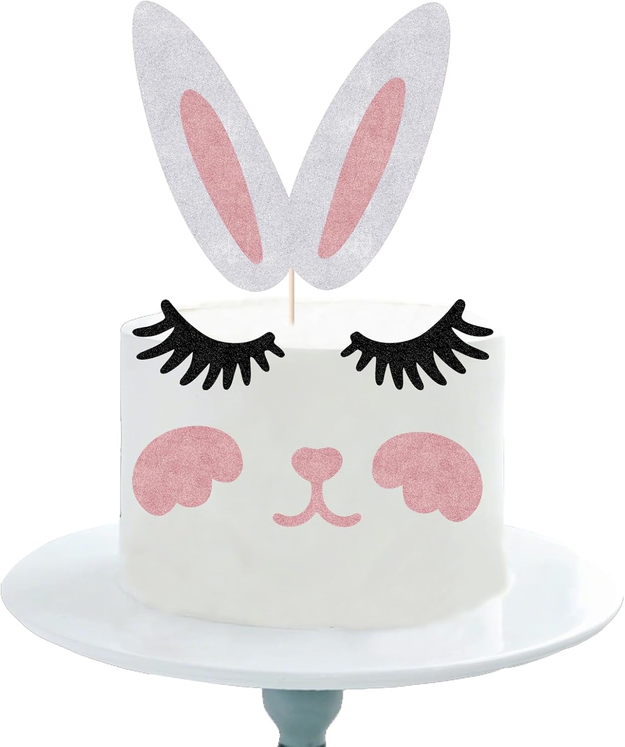 6 PCS Easter Bunny Ears Cake Topper Decorations with Eyelashes Nose Ear, Cupcake Topper for Boy Girl Baby Shower Cake Decoration, Happy Easter Spring Themed Party Supplies