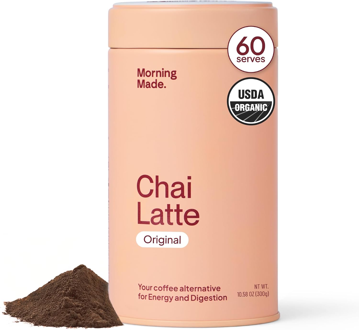 Morning Made 10.6 oz Original Chai Latte Powder Mix - 60 Servings - Sweetened, Organic Black Tea and Spice Blend - Vegan, Dairy-Free, Gluten-Free Low Caffeine Coffee Alternative