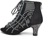 JUODVMP Dance Boots for Women Mesh Latin Salsa Short Sparkling Jazz High Heel Boots