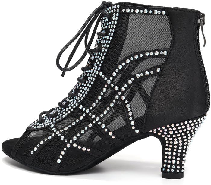 JUODVMP Dance Boots for Women Mesh Latin Salsa Short Sparkling Jazz High Heel Boots