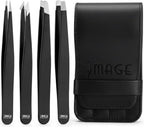 Tweezers for women facial 4 Piece Stainless Steel Precision Tweezers Kit with Leather Case for women & men Multi purpose as eyebrows facial hair ingrown hair removal