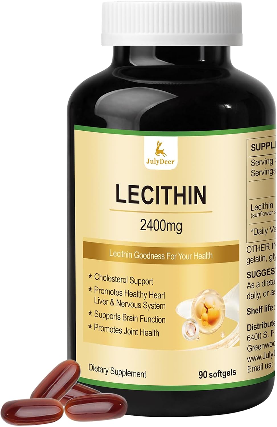 Sunflower Lecithin 2400mg 90 Softgels Rich in Phosphatidyl Choline, Non-GMO, Soy Free, Gluten Free Supplement Nervous System Support