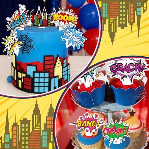72Pcs Super Hero Cupcake Toppers Comic Cityscape Cake Decorations Cartoon City Hero Theme Birthday Party Supplies Celebrating Party Events Baby Shower